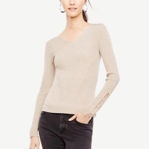 NEW! Ann Taylor Metallic Gold Sweater Pearl Button Long Sleeves V-Neck S